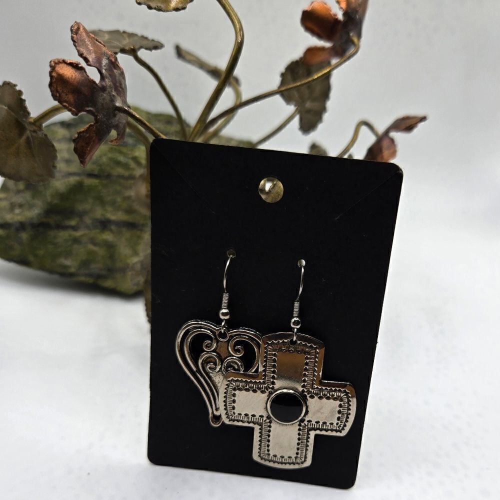 "5/$40" Mismatched Silvertone Lightweight Cross & Heart Dangle Earrings